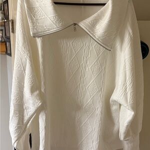 Source Unknown Off-the-Shoulder White Textured Zip Sweater